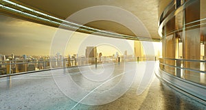 3D futuristic curved shapes design metal facade office exterior with stunning sunrise city skyline