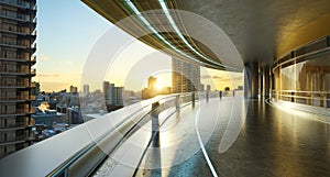 3D futuristic curved shapes design metal facade office exterior with stunning sunrise city skyline