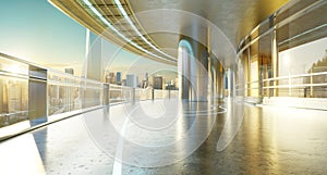 3D futuristic curved shapes design metal facade office exterior with stunning sunrise city skyline