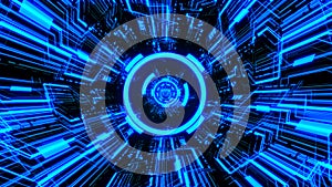 3D Futuristic Digital Circuit Board Tunnels and Waves with Digital Circles in the middle in Blue color theme Background Ver.2