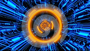 3D Futuristic Digital Circuit Board Tunnels and Waves with Digital Circles in the middle in Orange-Blue color theme Ver.2