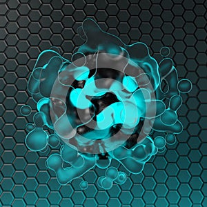 3d futuristic glowing blob of blue light against hexagon background