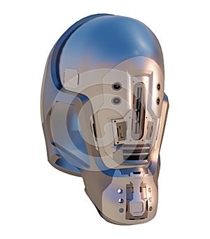 3d Futuristic sci fi robot android space helmet in chrome and aluminium