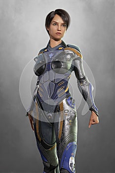 3D futuristic woman in science fiction armor