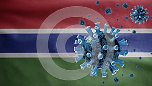 3D, Gambian flag waving with Coronavirus outbreak. Gambia Covid 19