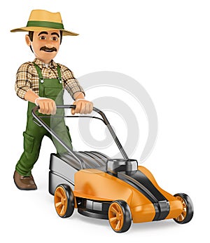 3D Gardener pushing a power mower