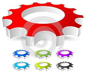 3D gear, gearwheel icon in 7 bright colors