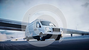 3d generic white delivery van on highway. Very fast driving. Delivery concept. Realistic 4k animation.