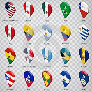 3D geolocation signs of twenty countries Nouth America and South America with inscriptions. Set of  twenty 3d geolocation icons on