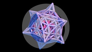 3d geometric art, evolving polyhedra star shape geometry.Glowing rose, pink interior. 3d Rendering illustration . VIew 5