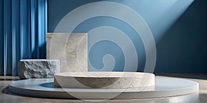 3D geometric circle shape stone podium to display products concept of natural power in a minimal style in simple blue background