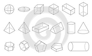 3d Geometric shape lines sphere, ellipsoid, square, rectangle, pyramid, cylinder, pentagon, hexagon and prism