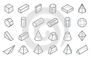 3D geometric shapes. Isometric linear forms, cube cone cylinder pyramid low polygon objects. Vector minimal isometric