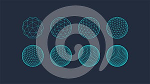 3D Geometric shapes set, editable stroke wireframe. Line mesh spheres, geodesic dome. Vector outline figure collection