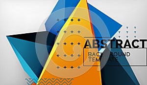 3d geometric triangular shapes abstract background, color triangles composition on grey backdrop, business or hi-tech