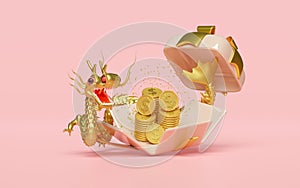 3d gift box with gold dragon, dollar coins stacks, chinese new year 2024 capricorn. 3d render illustration