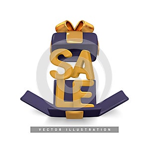 3d gift box with golden bow. Sale present. Plastic box with shadow isolated on light background. Vector illustration