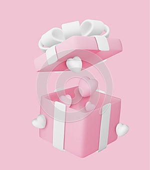 3D gift box with hearts. Valentine s day design.