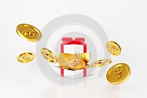 3d gift box money dollar coins with red bow. Surprise inside open gift box isolated on white background. 3d render for pecuniary