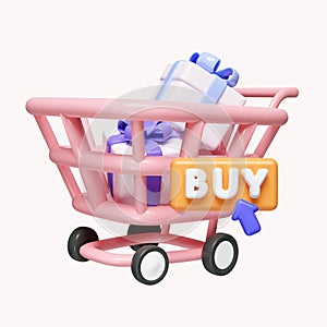 3D gift box in shopping cart with buy button. shopping online concept. order online. icon isolated on white background