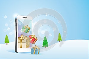 3D gift boxes in smart phone with winter snowflakes falling background. Idea for season greetings in Christmas and new year