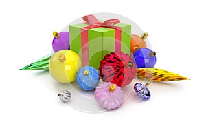 3D giftbox and christmas balls