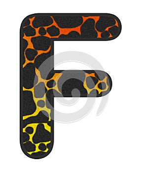 3D Giraffe Orange-Yellow print letter F, animal skin fur creative decorative character F, Cheetah colorful isolated in white bG.