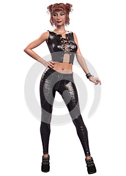 3D Girl in black leather outfit