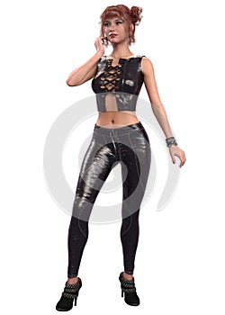 3D Girl in black leather outfit