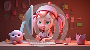 3d girl character working with computers