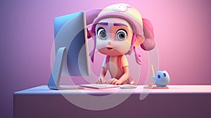 3d girl character working with computers