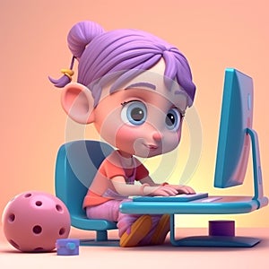 3d girl character working with computers