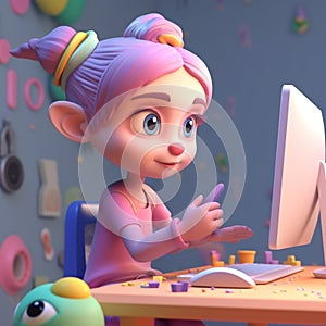 3d girl character working with computers