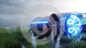 3d girl and futuristic electric car on walley. Future concept. Realistic 4k animation.