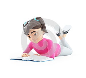 3d girl reading book lying down on floor