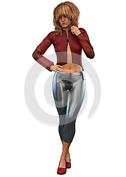 3D Girl in red blouse and leather pants