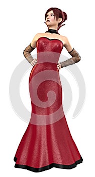 3D Girl in red glittering dress