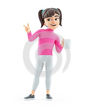 3d girl standing with a cup