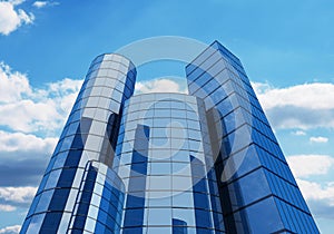 3d glass buildings with the sky and clouds