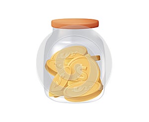 3D Glass jars with coins like diagram, isolated - savings concept golden coin render icons isolated on white background.