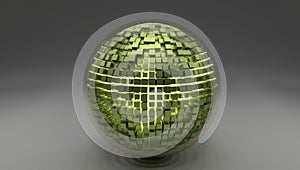 3d glass sphere with some green cubes