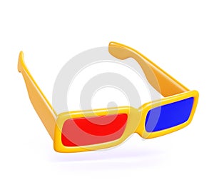 3d glasses icon for cinema, watching stereoscopic movies. Three dimensional glasses render mockup with red blue lenses