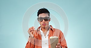 3d, glasses and man with popcorn and movie with face for cinema theatre for surprise, film or action in studio. Mockup