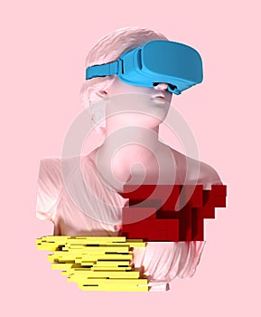 3D glitch of the head of a young woman with VR glasses