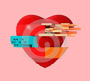 3d glitch of red digital heart on pink background