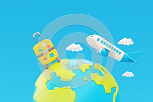 3D globe with airplane flying in clouds and suitcase, global transport, Tourism and travel concept, holiday vacation.