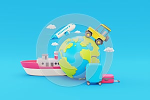3D globe with boat, car, airplane and suitcase, global transport, Tourism and travel concept, holiday vacation.