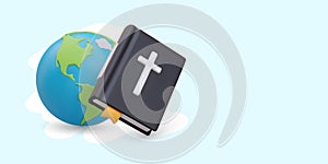 3D globe, giant Bible. Concept of Christianity. Missionary. Spread of religion worldwide