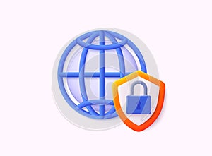 3D Globe hyperlink icon. Cyber security, shield lock. Personal data security Illustrates cyber data or information privacy idea.