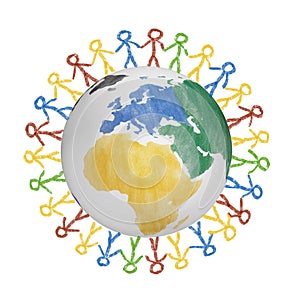 3D Globe with the view on america with drawn people holding hands. Concept for friendship, globalization, communication